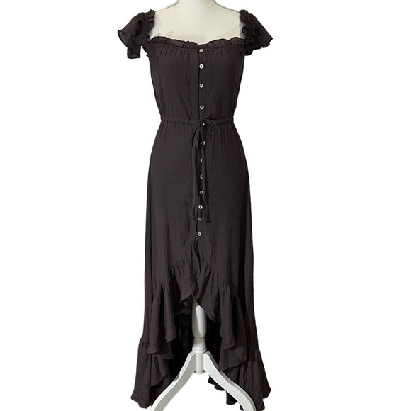 NWOT Wishlist Apparel Maxi Dress Off Shoulder Ruffle Dark Gray Brown‎ Size S - Picture 1 of 12